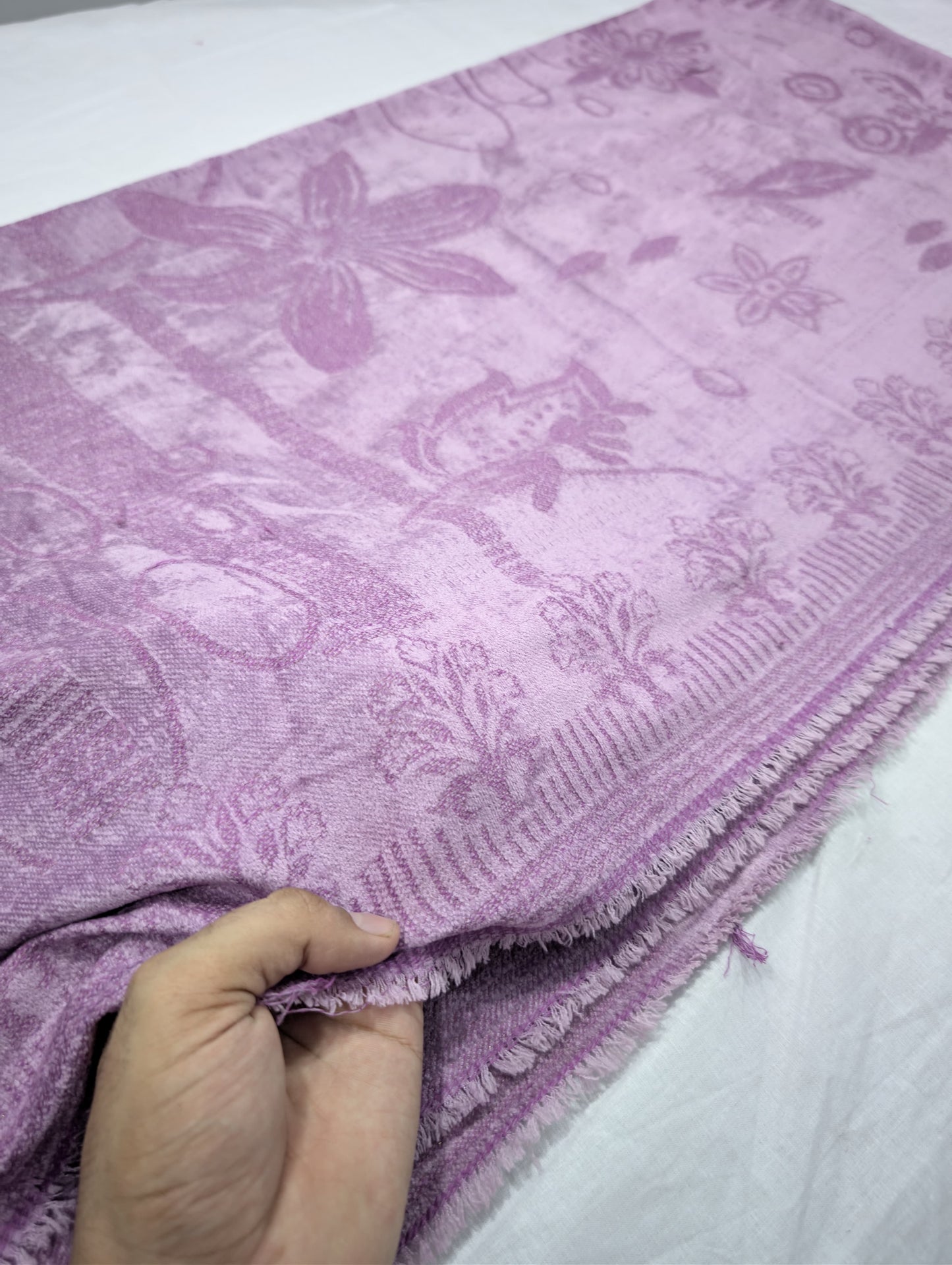 3PC PEACH LEATHER WITH HIGH QUALITY SELF DESIGN FLUFFY VELVET SHAWL EXPORT QUALITY WINTER COLLECTION (PURPLE LILAC)
